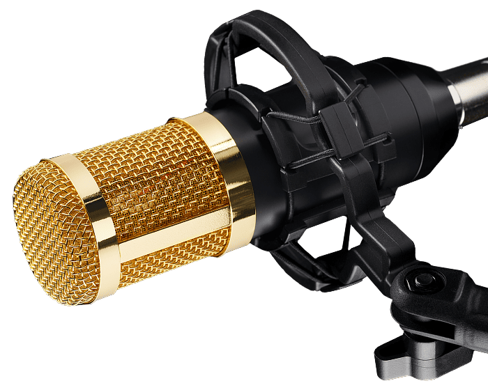 A gold-colored studio microphone with a mesh grille, mounted on a black shock mount and stand, angled diagonally against a white background.