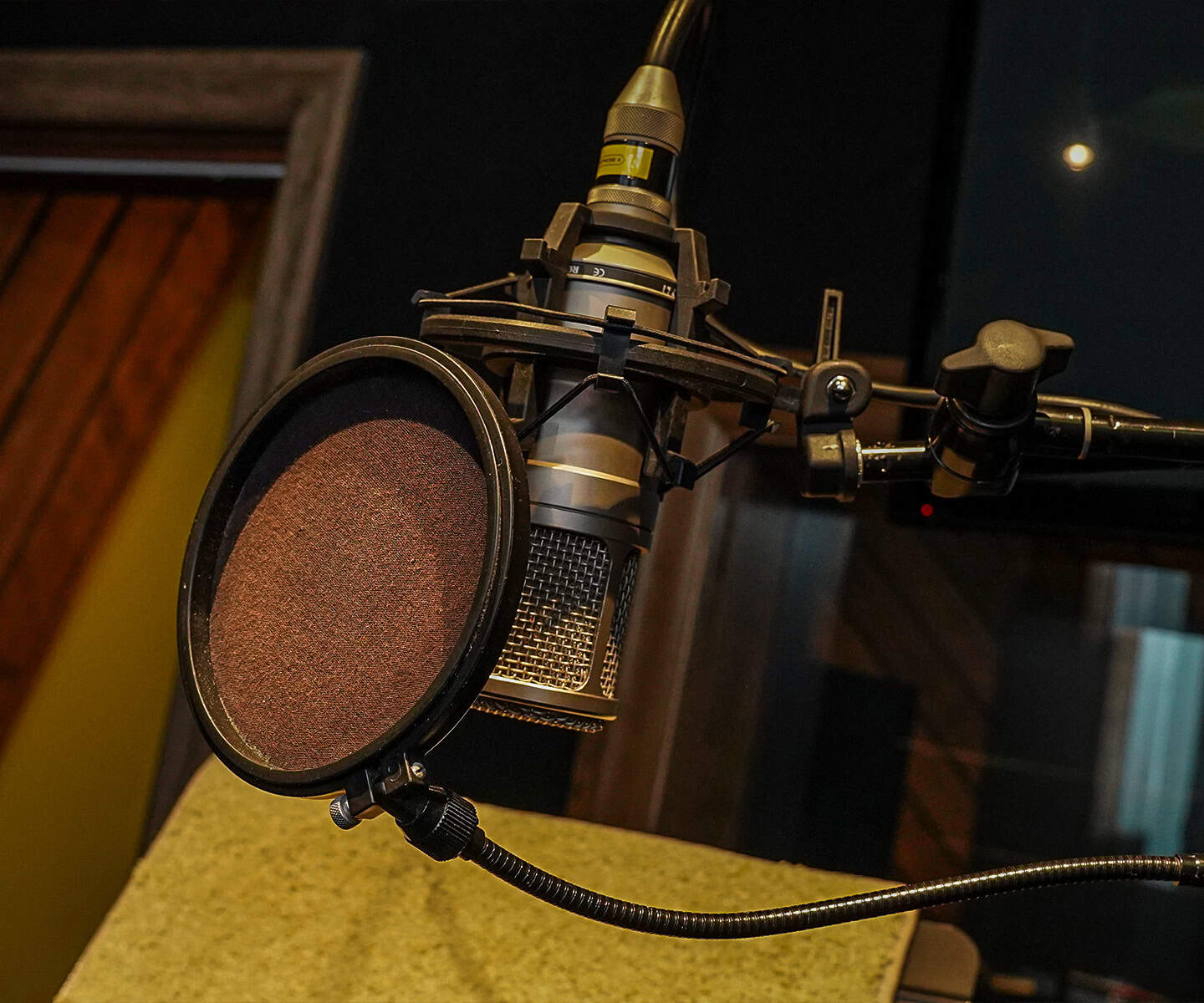 A close-up of a professional studio microphone with a pop filter attached, set up in front of a soundproofed wall, ready for recording audio or vocals.