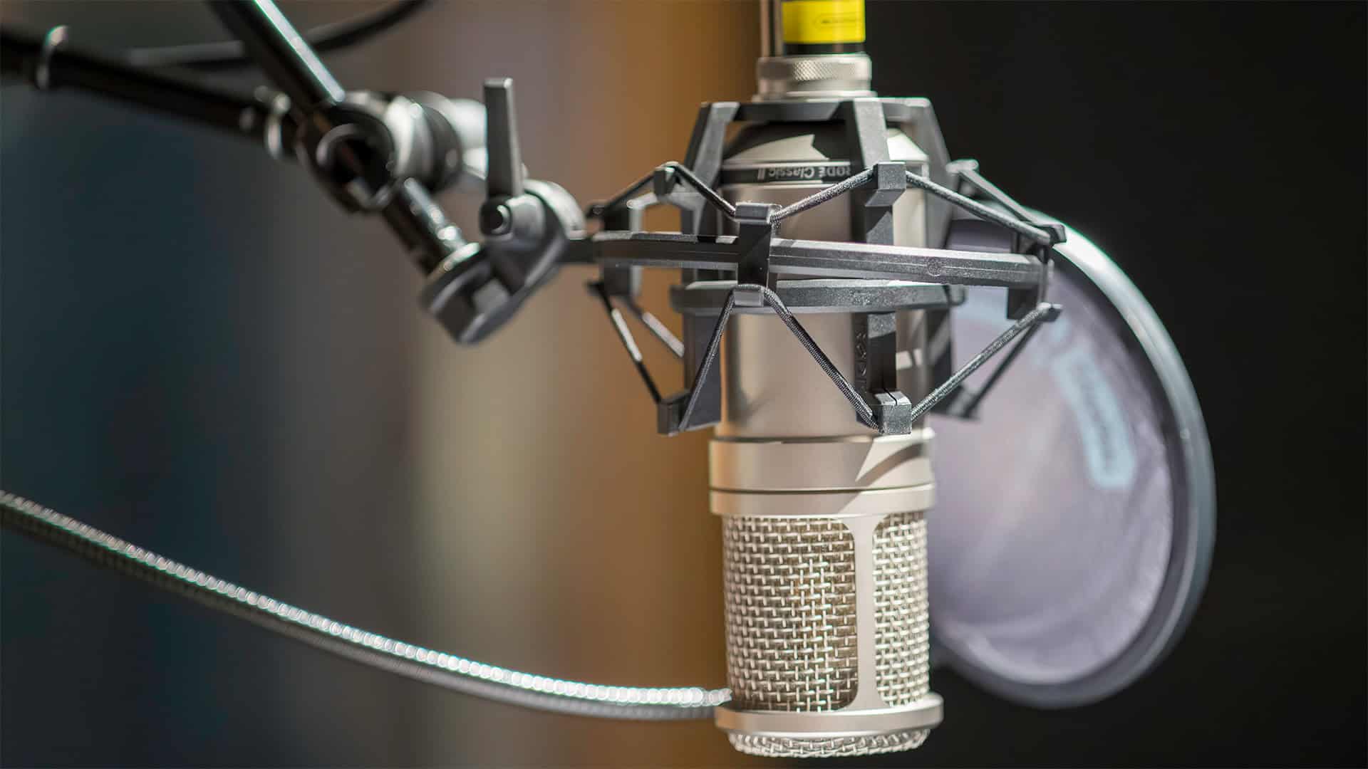 A close-up of a professional studio microphone with a pop filter, mounted on a shock mount and adjustable arm, ideal for source-connect studio sessions or automatic dialog replacement, set against a blurred background.